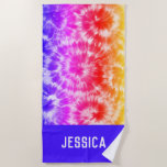 Rainbow Tie Dye Psychedelic Persoonlijke naam Strandlaken<br><div class="desc">Kan volledig worden aangepast aan uw behoeften. © Gorjo Design. Gemaakt voor je via het Zazzle platform. // Hulp nodig bij het aanpassen van uw ontwerp? Heb je andere ideeën? Je kunt me direct aanraken (Zoe).</div>