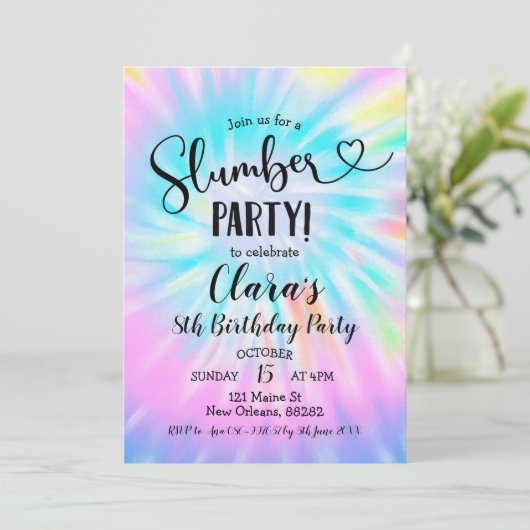 Rainbow Tie Dye Slumber Party Birthday Invitation Kaart (Staand voorkant)