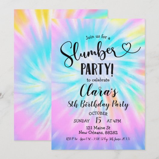 Rainbow Tie Dye Slumber Party Birthday Invitation Kaart (Voorkant / Achterkant)