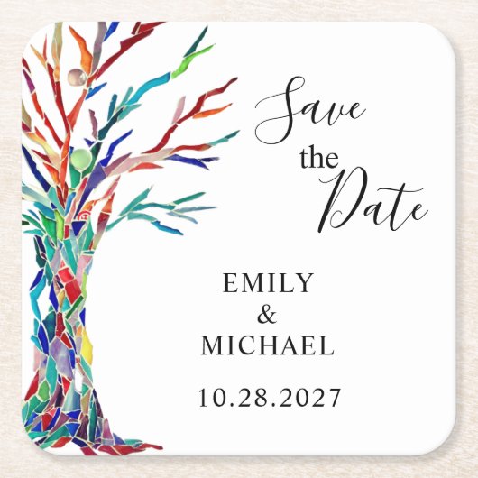 Rainbow Tree Wedding Save the Date Kartonnen Onderzetters (Voorkant)
