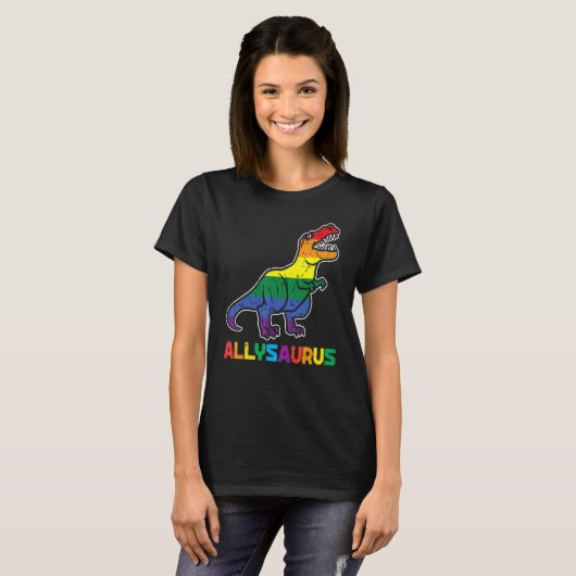 Rainbow Trex Allysaurus Gay Pride Vlag LGBTQ Dino T-shirt (Voorkant volledig)