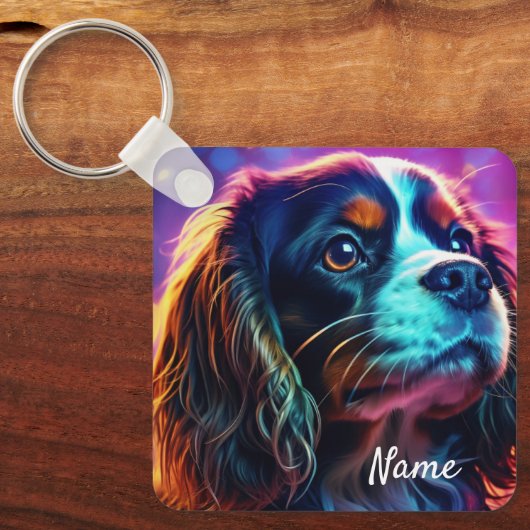 Rainbow Tri Cavalier King Charles Spaniel Hond Sleutelhanger (Voorkant)