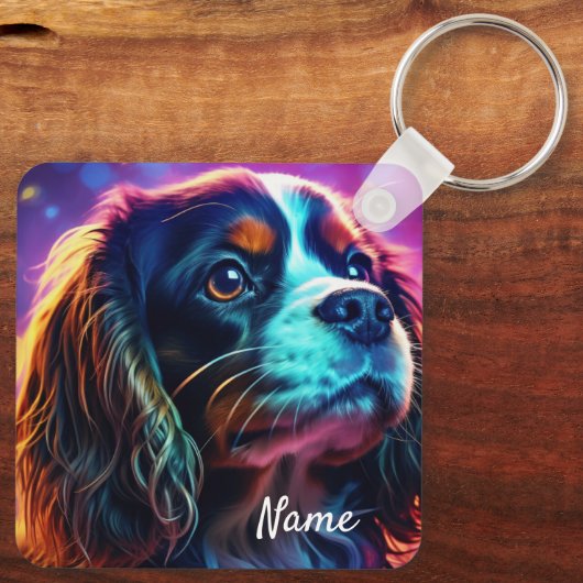 Rainbow Tri Cavalier King Charles Spaniel Hond Sleutelhanger (Achterkant)