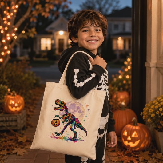 Rainbow Trick or Treat T-Rex Skeleton Tote Bag