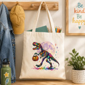 Rainbow Trick or Treat T-Rex Skeleton Tote Bag