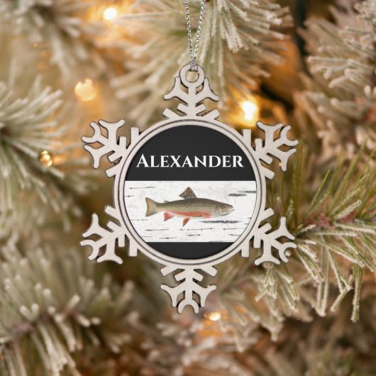 Rainbow Trout Rustic Aspen Bark Background, forel Tin Sneeuwvlok Ornament (Boom)