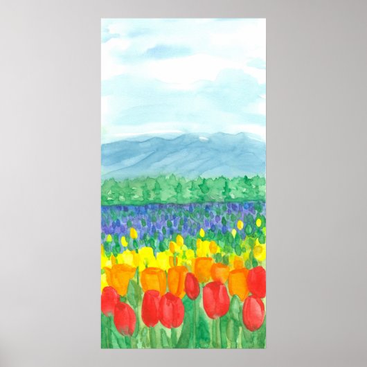 Rainbow Tulip Field Waterverf Flowers Poster (Voorkant)