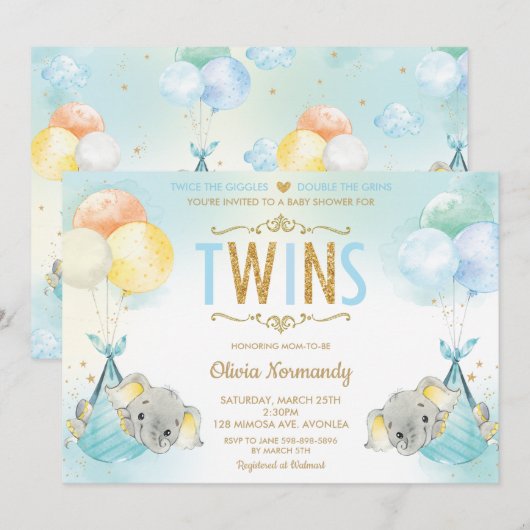 Rainbow Twin Boys Olifant Baby shower Sprinkle Kaart (Voorkant / Achterkant)