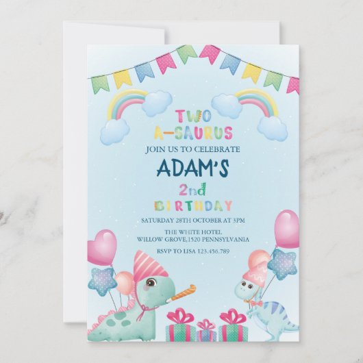 Rainbow two-a-saurus 2e verjaardag Blauwe Dinosaur Kaart (Voorkant)