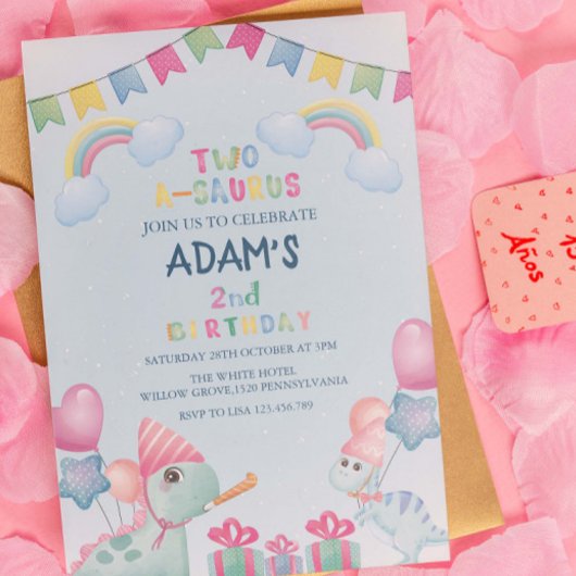 Rainbow two-a-saurus 2e verjaardag Blauwe Dinosaur Kaart