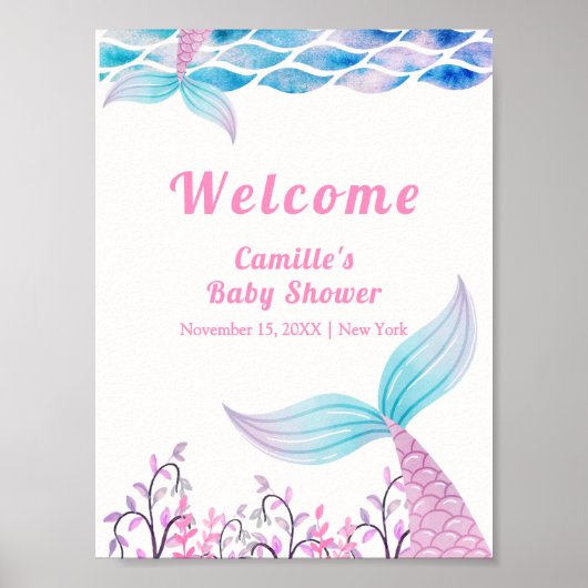 Rainbow Under Zee Mermaid Tail Baby shower Welkom Poster (Voorkant)