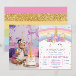 Rainbow Unicorn 1st Birthday Party Girl met foto Kaart