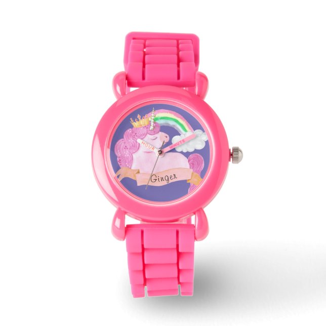 🌈 Rainbow Unicorn - Aangepaste naam Horloge (Voorkant)