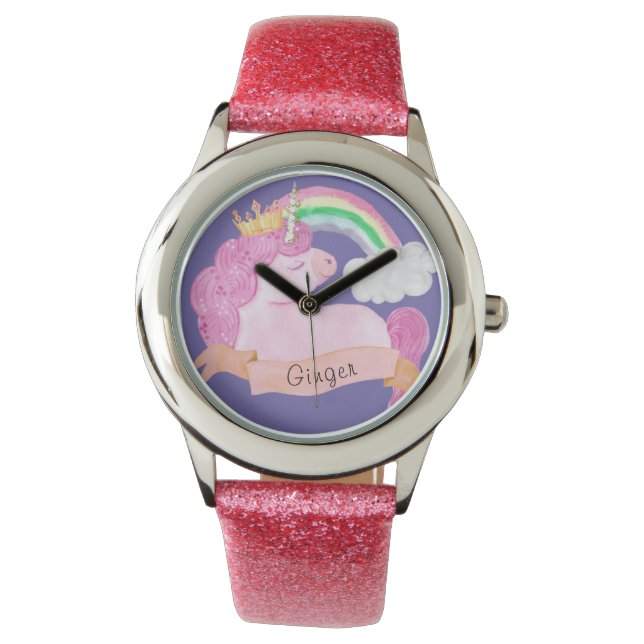 🌈 Rainbow Unicorn - Aangepaste naam Horloge (Voorkant)