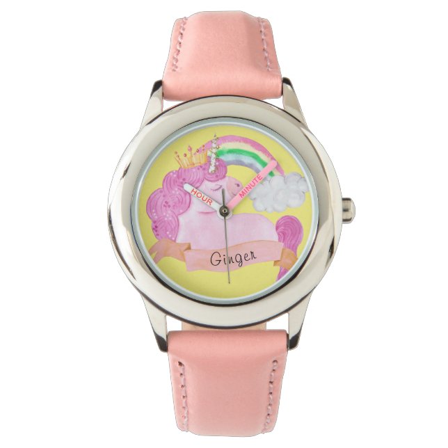 🌈 Rainbow Unicorn - Aangepaste naam Horloge (Voorkant)