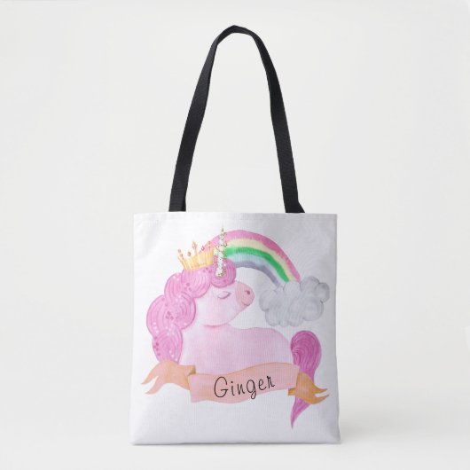 🌈 Rainbow Unicorn - Aangepaste naam Tote Bag (Voorkant)