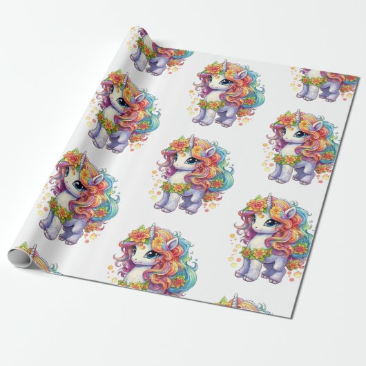 Rainbow Unicorn Anime Cartoon Cadeaupapier (Uitgerold)