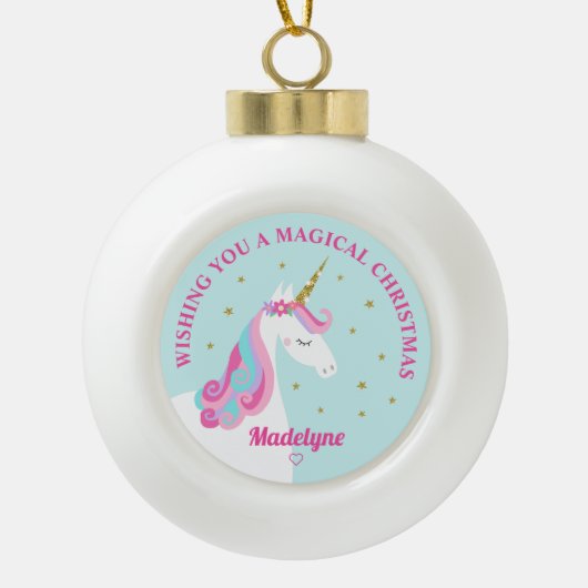 Rainbow Unicorn Aqua Gepersonaliseerde Kerstmis Keramische Bal Ornament (Voorkant)