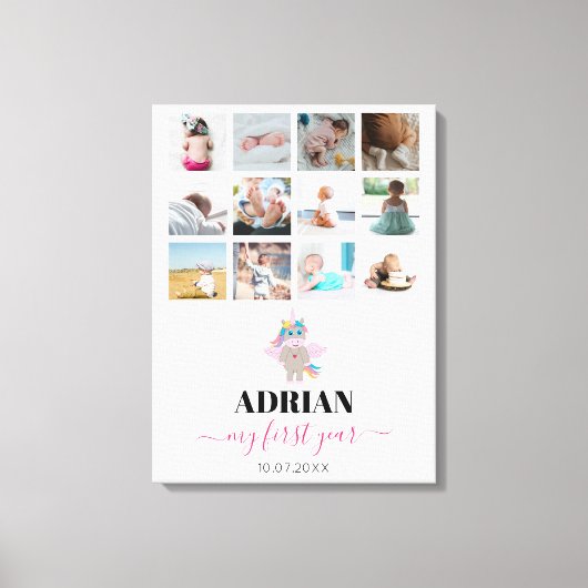 Rainbow Unicorn Baby Girl 1 jaar Foto Collage Canvas Afdruk (Voorkant)