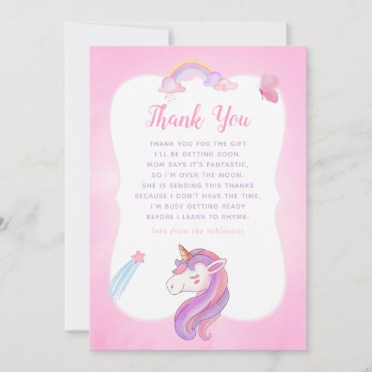 Rainbow Unicorn Baby Girl Shower Bedankkaart (Voorkant)