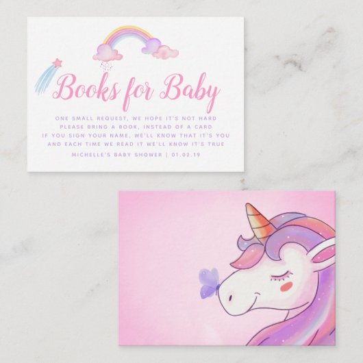 Rainbow Unicorn Baby Girl Shower Book Request Informatiekaartje (Voorkant / Achterkant)