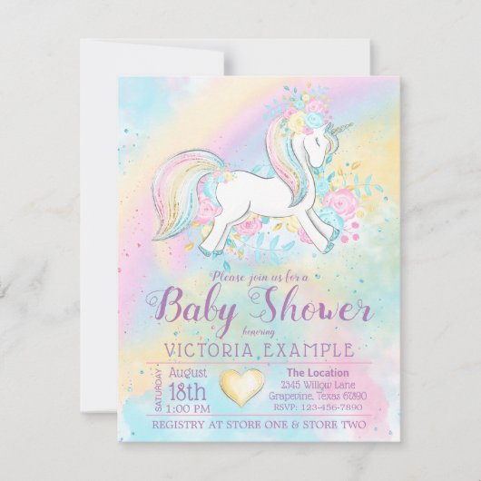 Rainbow Unicorn Baby Girl Shower Invitations Kaart (Voorkant)