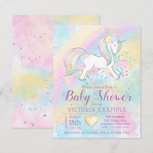 Rainbow Unicorn Baby Girl Shower Invitations Kaart