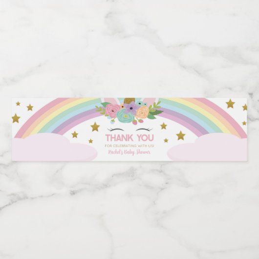 Rainbow Unicorn Baby shower Favor Waterfles Etiket (Enkel label)