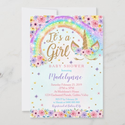 Rainbow Unicorn Baby shower Invitation Girl Kaart (Voorkant)