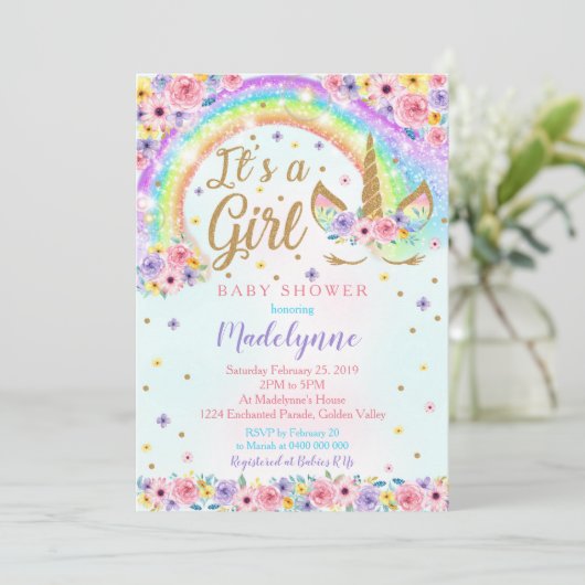 Rainbow Unicorn Baby shower Invitation Girl Kaart (Staand voorkant)