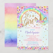 Rainbow Unicorn Baby shower Invitation Girl Kaart (Voorkant / Achterkant)