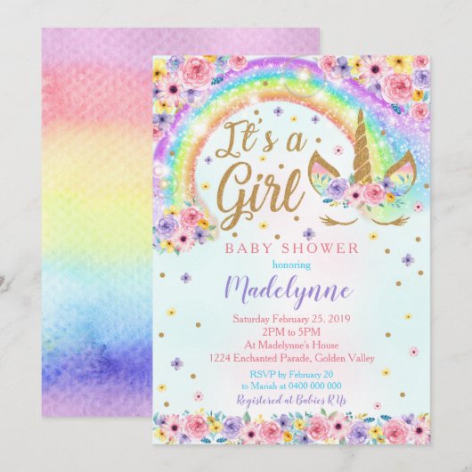 Rainbow Unicorn Baby shower Invitation Girl Kaart (Voorkant / Achterkant)