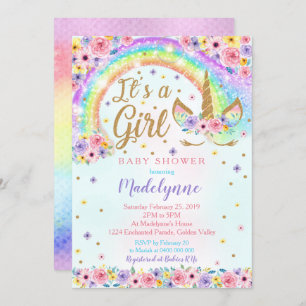 Rainbow Unicorn Baby shower Invitation Girl Kaart