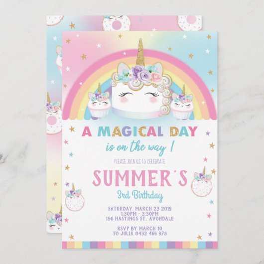 Rainbow Unicorn Birthday Cake Invitation Cupcake Kaart (Voorkant / Achterkant)