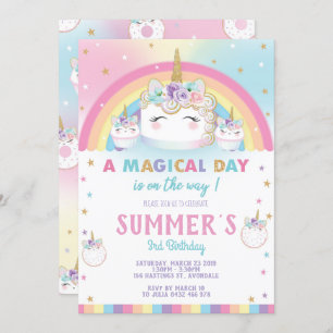 Rainbow Unicorn Birthday Cake Invitation Cupcake Kaart