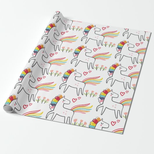 Rainbow Unicorn Birthday Custom Name Cadeaupapier (Uitgerold)
