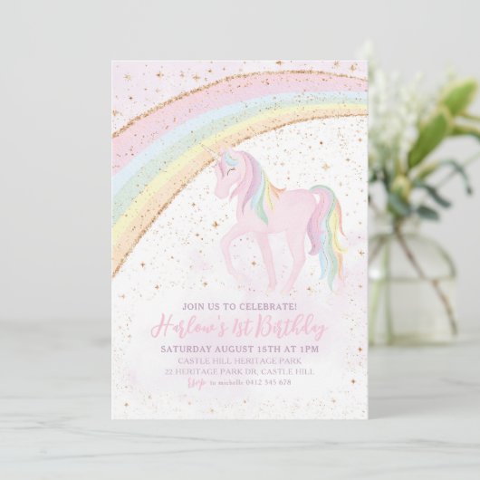 Rainbow Unicorn Birthday Girls Uitnodiging (Staand voorkant)