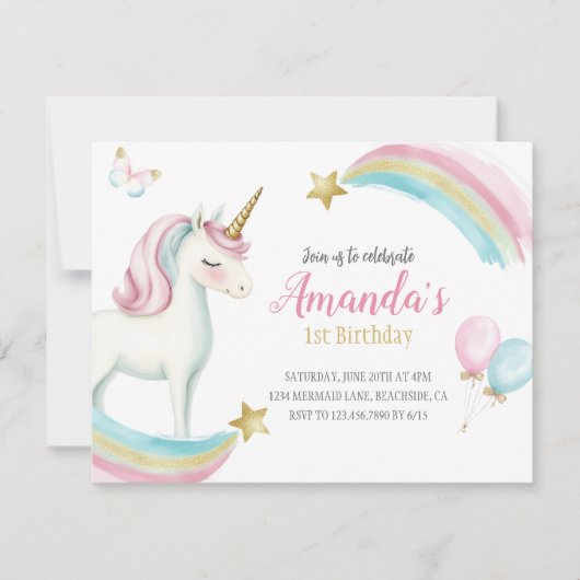 Rainbow Unicorn Birthday Girls Uitnodiging (Voorkant)