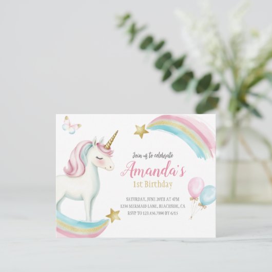 Rainbow Unicorn Birthday Girls Uitnodiging (Staand voorkant)