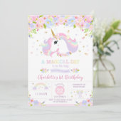 Rainbow Unicorn Birthday Invitation  Floral Kaart (Staand voorkant)