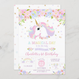 Rainbow Unicorn Birthday Invitation  Floral Kaart