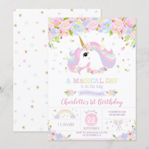 Rainbow Unicorn Birthday Invitation Floral Kaart