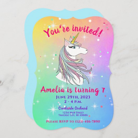 Rainbow Unicorn Birthday Invitation Kaart (Voorkant / Achterkant)