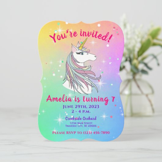 Rainbow Unicorn Birthday Invitation Kaart (Staand voorkant)