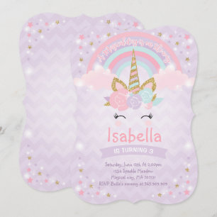 Rainbow Unicorn Birthday Invitation Paars Gold Kaart