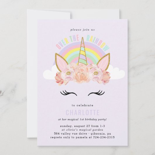 Rainbow Unicorn Birthday Invitation roze Gold Kaart (Voorkant)