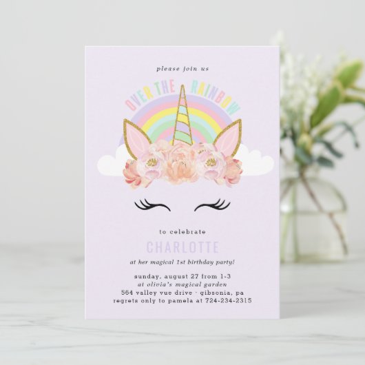 Rainbow Unicorn Birthday Invitation roze Gold Kaart (Staand voorkant)