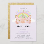 Rainbow Unicorn Birthday Invitation roze Gold Kaart (Voorkant / Achterkant)