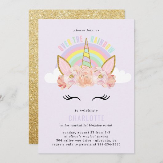 Rainbow Unicorn Birthday Invitation roze Gold Kaart (Voorkant / Achterkant)