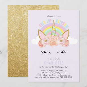 Rainbow Unicorn Birthday Invitation roze Gold Kaart